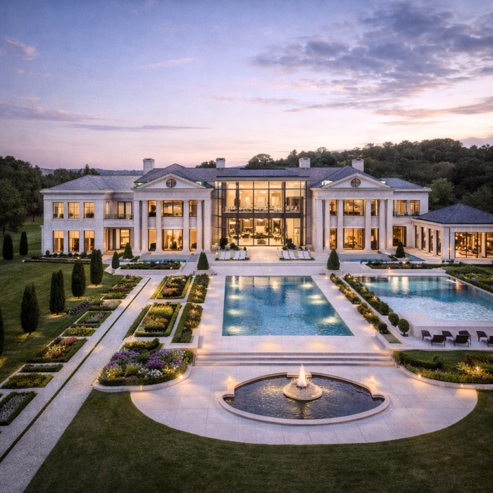 A mansion with a pool